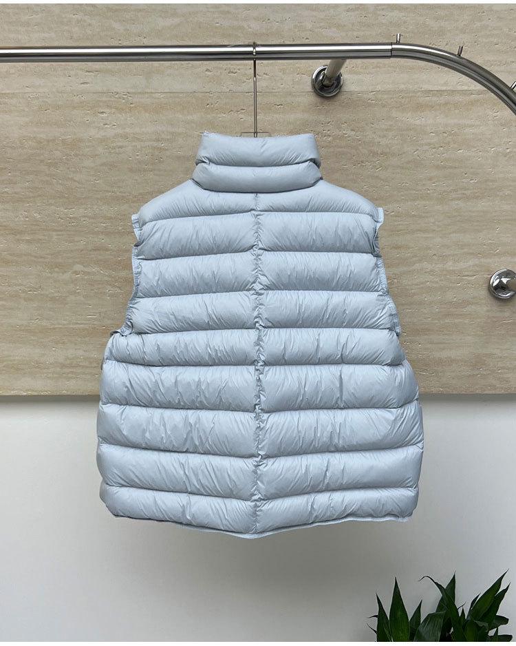 Women's Short White Duck Down Ribbed Vest - 2026 Autumn/Winter Korean Style, Loose Stand Collar, Casual Fit.