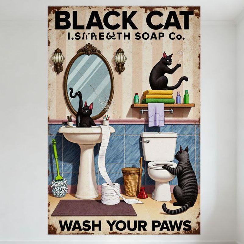 Vintage Black Cat I.S. Strength Soap Co. Bathroom Scene Metal Tin Sign, Retro Wall Decor with Cats, Beige Striped Background, Ho