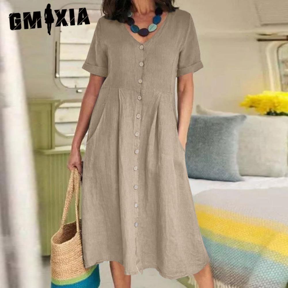 GMXIA Dame Sommer Casual Bomull V-hals Kort Erm Knappekjole
