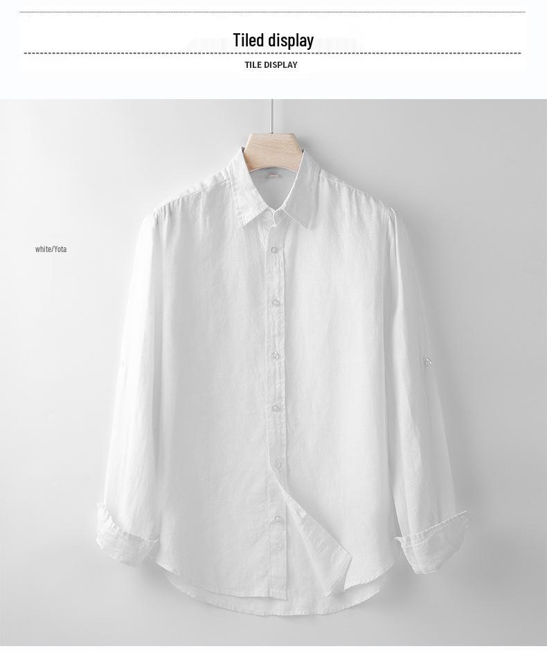 Men's Casual Long Sleeve Cotton Linen Shirt with Turn-Down Collar - Lightweight, Loose Fit for Spring & Autumn.