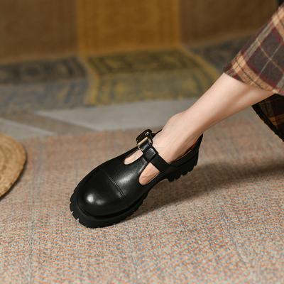 Fashion Genuine Leather Flat Platform Women Shoes Fashion Slip -On Platform Shoes Casual Round Toe Heel Handmade Shoes Woman