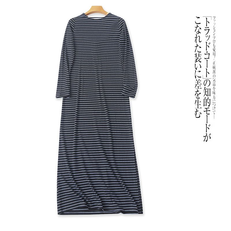 

Foreign Trade European and American Single Women clothes Long sleeve dress 2025 Autumn New round Neck Stretch Slim fit Stripe Slimming Long dress Blue bars on black background S