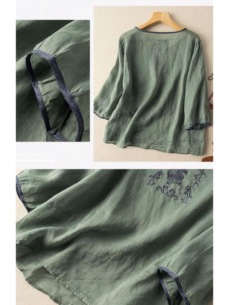 2024 Summer Retro Embroidered Cotton-Linen Colorblock Chinese Style Pullover Shirt
