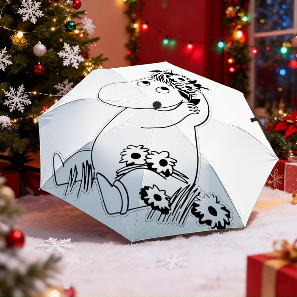 Umbrella with Moomintroll Flower Crown Line Art Print, Minimalist Cartoon Umbrella for Adults, Outdoor Rain Gear