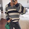 2026 Autumn/Winter Loose Striped Long Sleeve Color Block Sweater with Lapel