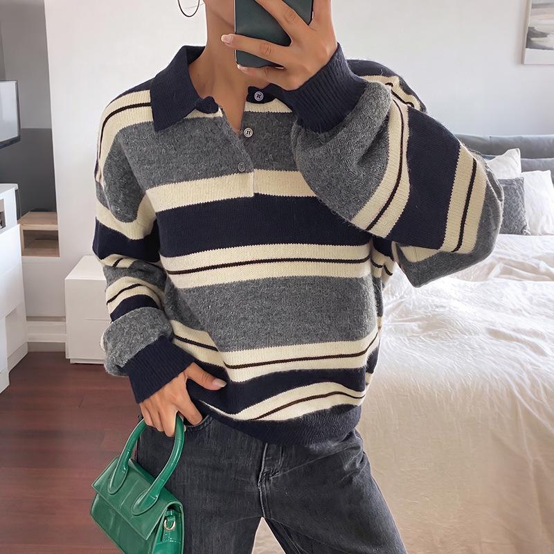 2026 Autumn/Winter Loose Striped Long Sleeve Color Block Sweater with Lapel