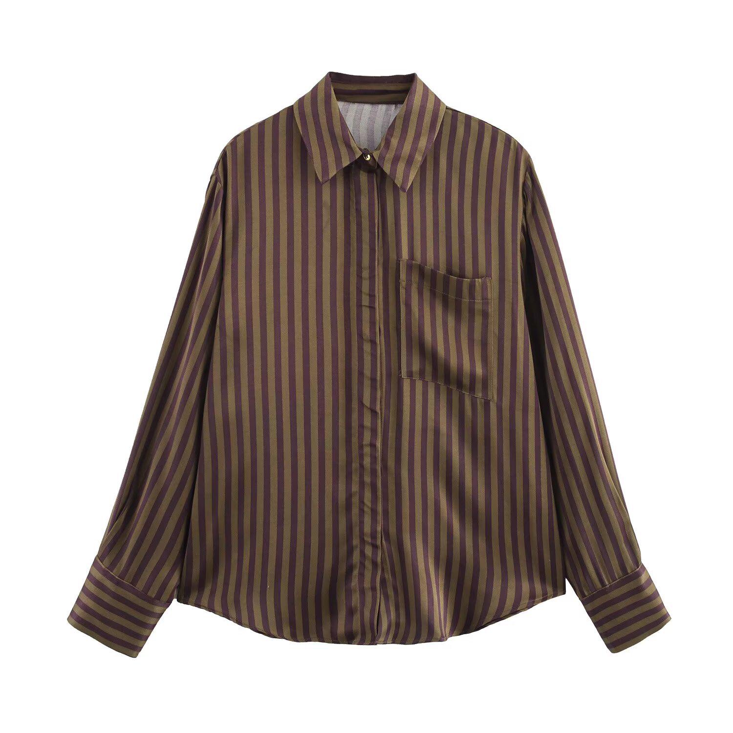 

Весна 2025 Женский комплект в европейском и американском стиле: полосатая шелковая атласная рубашка и длинные брюки L