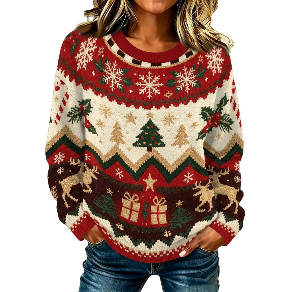 Maglione da Donna Casual a Manica Lunga con Scollo e Stampa Natalizia per le Feste