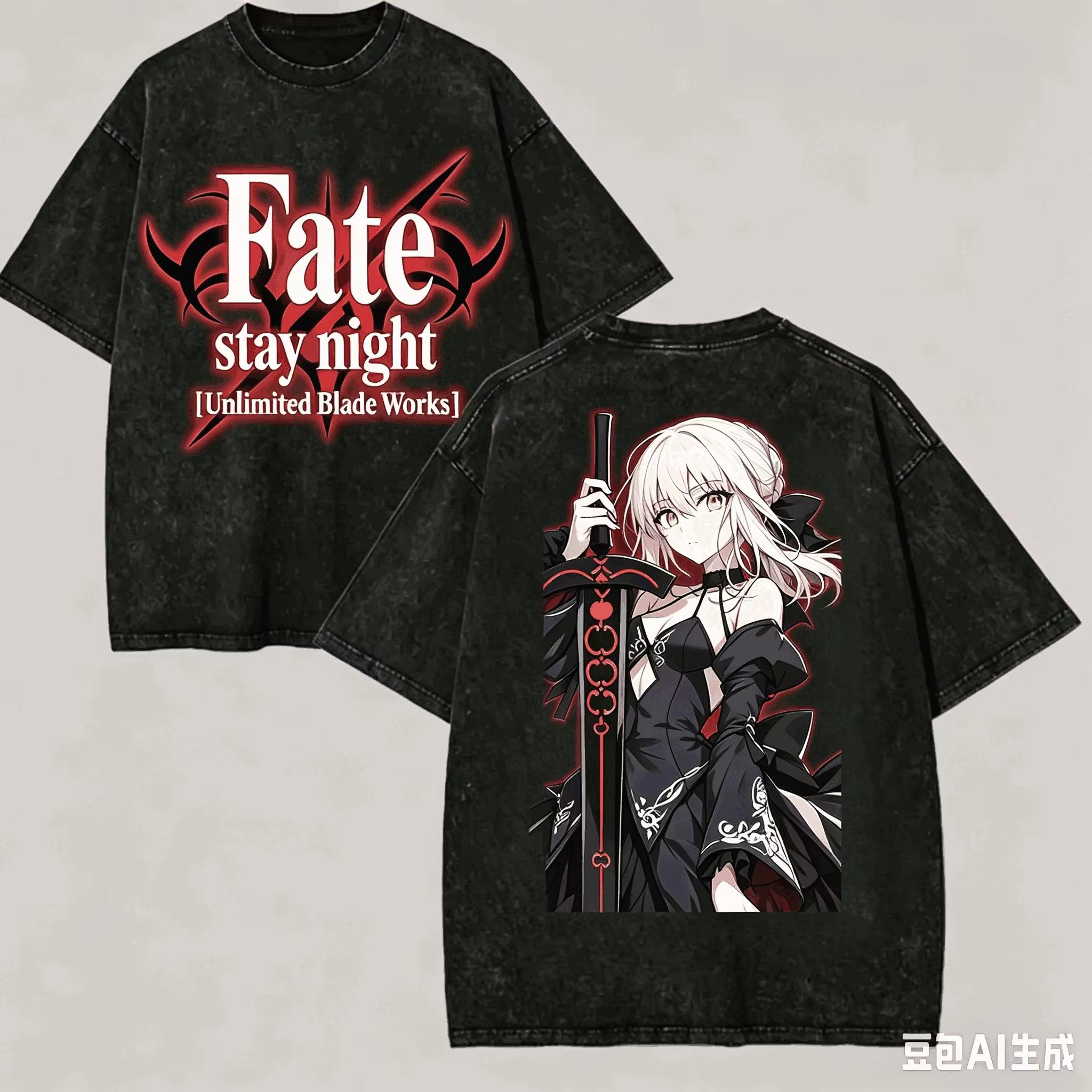 2026 Sommer Fate Stay Night Zweifarbiges Vintage Washed T-Shirt Saber Paladin Schwert Anime Übergroßes Damen- und Herren-T-Shirt XXXL black