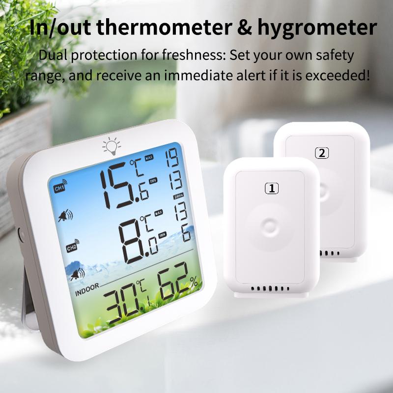 Digital Refrigerator Thermometer Wireless In/Outdoor Freezer Fridge Temperature Humidity Monitor Limit Alarm 2 Sensors Backlight