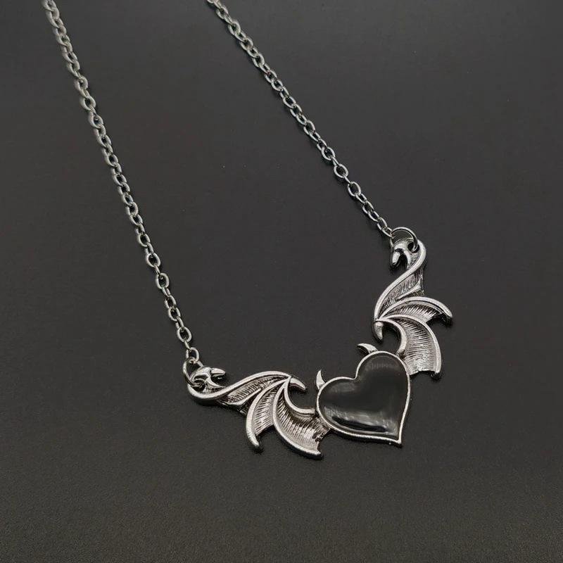 Devil Heart Pendant Necklace with Wings and Drip Oil Finish