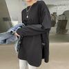 T-shirt à manches longues fendu de couleur unie pour femmes, coréen, printemps-automne, dames, hauts amples décontractés, chemises blanches