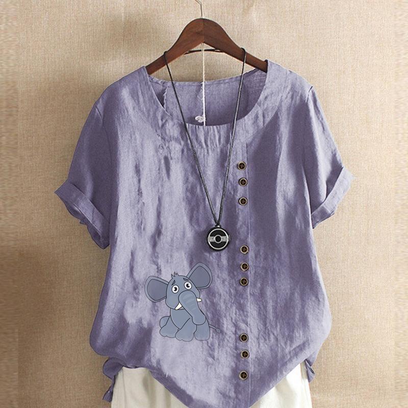 Women's Fashion Elephant Prined Round Neck Short Sleeve T-shirt Casual Cotton Linen Graphic Shirt Leisure Loose Summer Blouse Tops