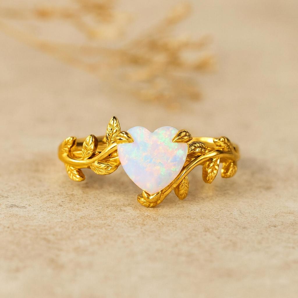 Heart Opal Twig Ring – Leaf Vine Band – Romantic October Birthstone Jewelry - Yellow Gold Plated 925 Sterling Silver Ring Gift