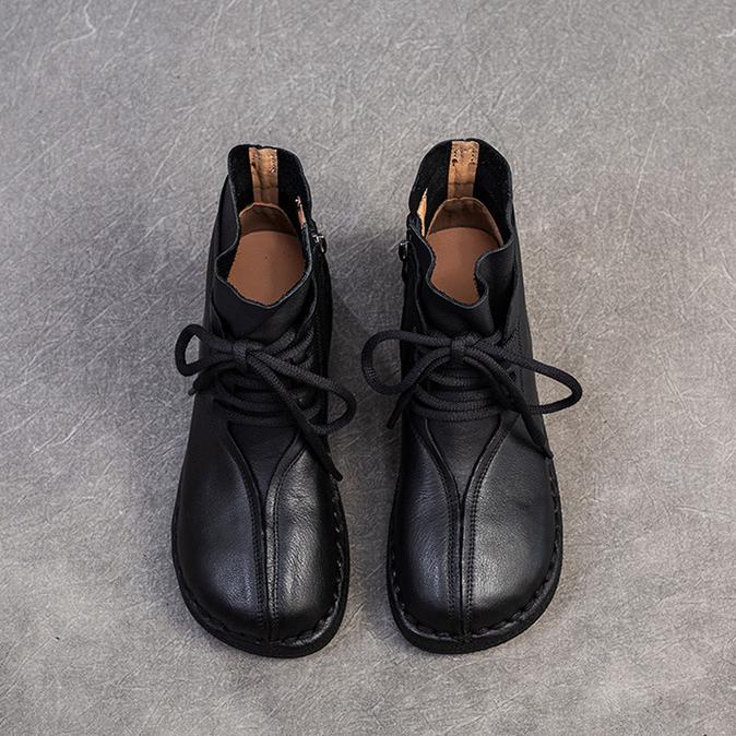 Johnature Retro Lace Up Flat Short Boots Genuine Leather Comfortable Versatile Women's Shoes