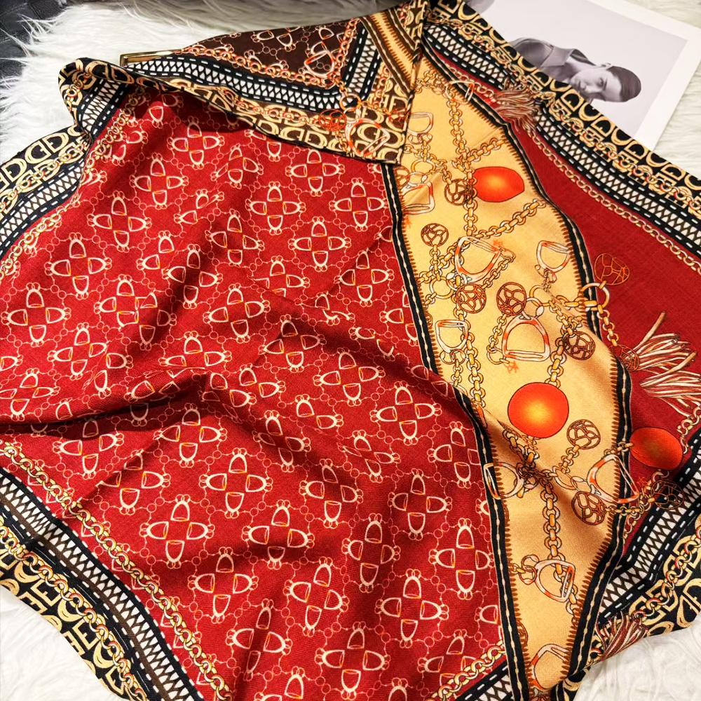 BYSIFA| Winter Brand Women Silk Scarves Hijabs Elegant Red Coffee Square 30% Silk 70% Wool Scarf Printed Neck Scarves 70*70cm