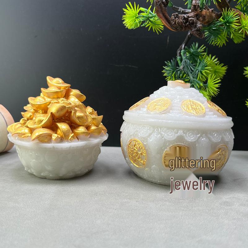 Luminous Multi-Pattern Treasure Basin: Hui, Lotus, Ruyi, Wealth-Attracting - Feng Shui Display for Living Room Wealth Position.
