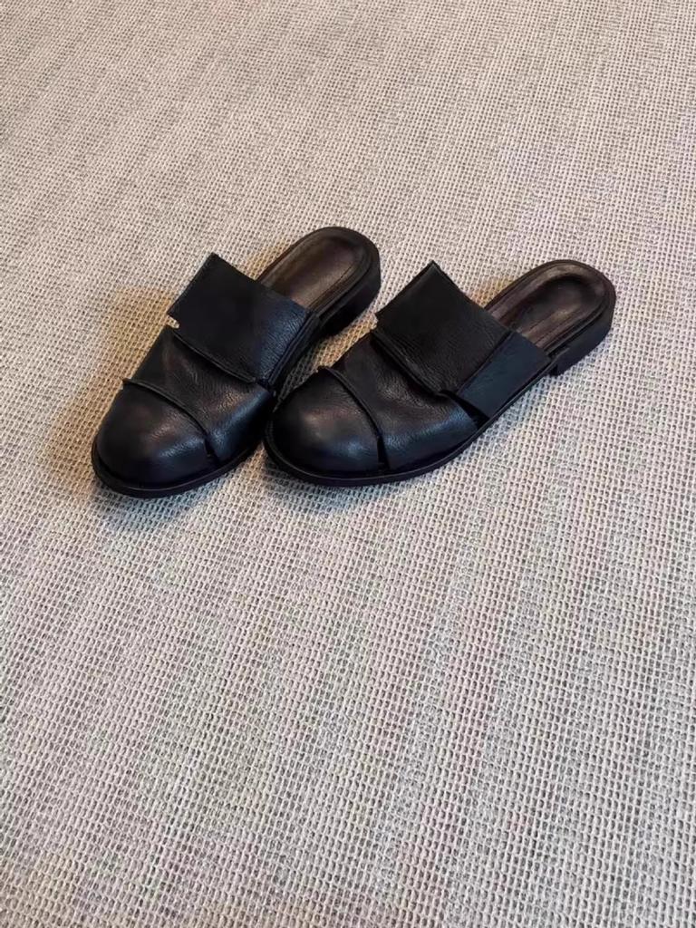 Soft leather version! Black bag head half slippers women's retro soft leather lazy one-pedal muller shoes low-heeled Roman shoes