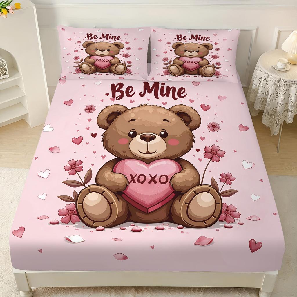 3pcs Valentine's Day Romantic Love Cartoon Bear Print Bed Sheet Set Multi Size Soft Bedcover Bedroom Bedding Festival Decoration