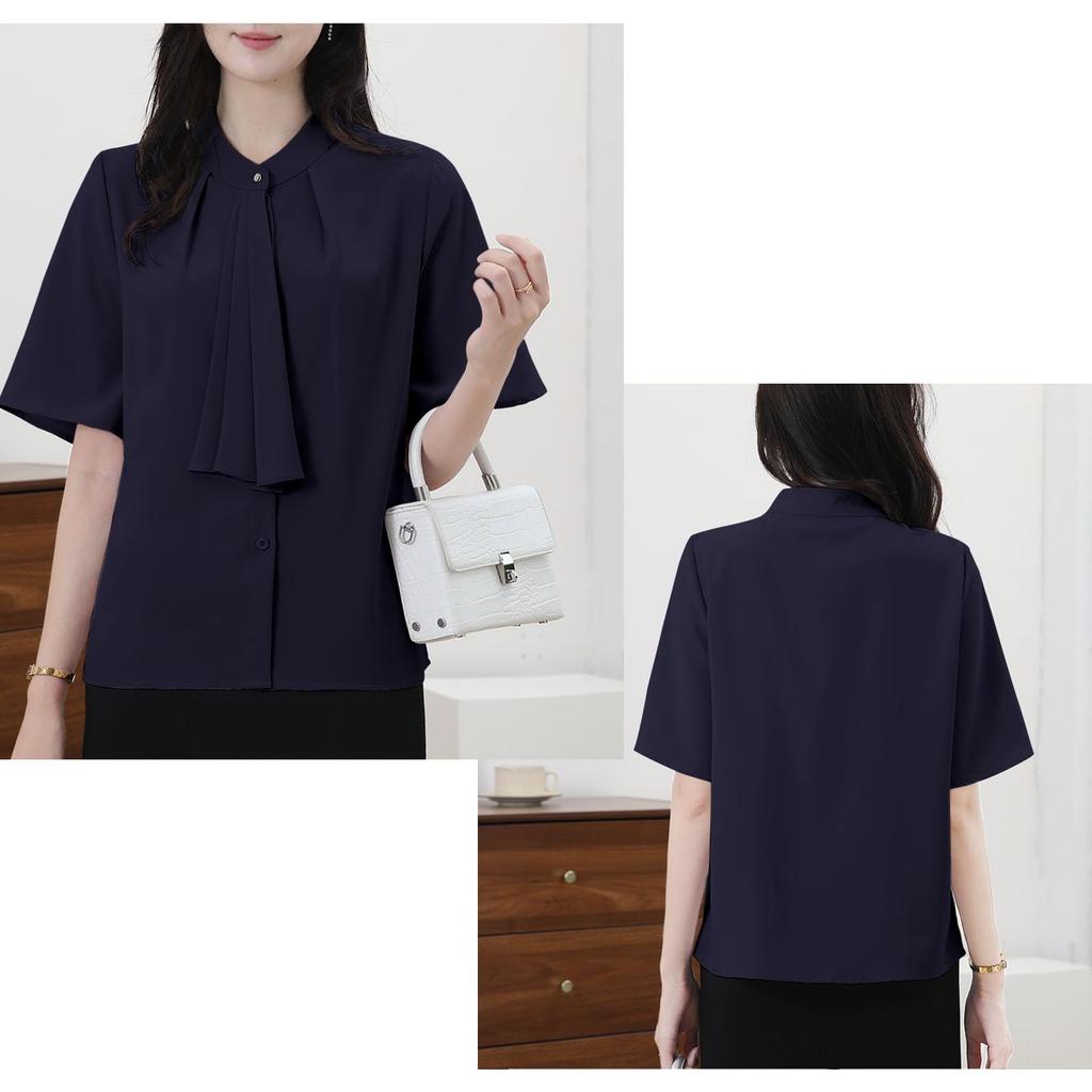 Shirt Blouse for Short Body Office Going Summer [Yino] Women, Sleeve, Bowtie, Drape, Ribbon, Covering, Slimming, Stylish, Neat, Feminine, Adult, Cute,