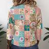 Women's Vintage Floral Print Patchwork Henley Collar Button Down 3/4 Sleeve Cotton Linen Shirt Casual Loose Fit Blouse