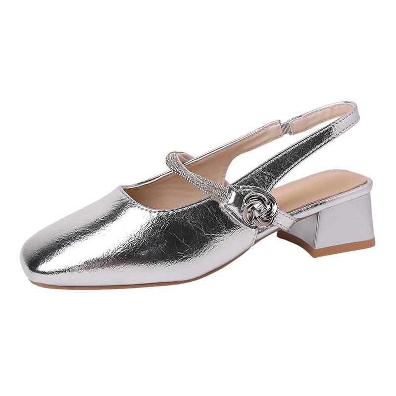 French Minimalist Temperament Square Head Thick Heel Mary Jane Shoes Women's 2025 New Summer Rhinestone Single Shoes Bag Head Sandals