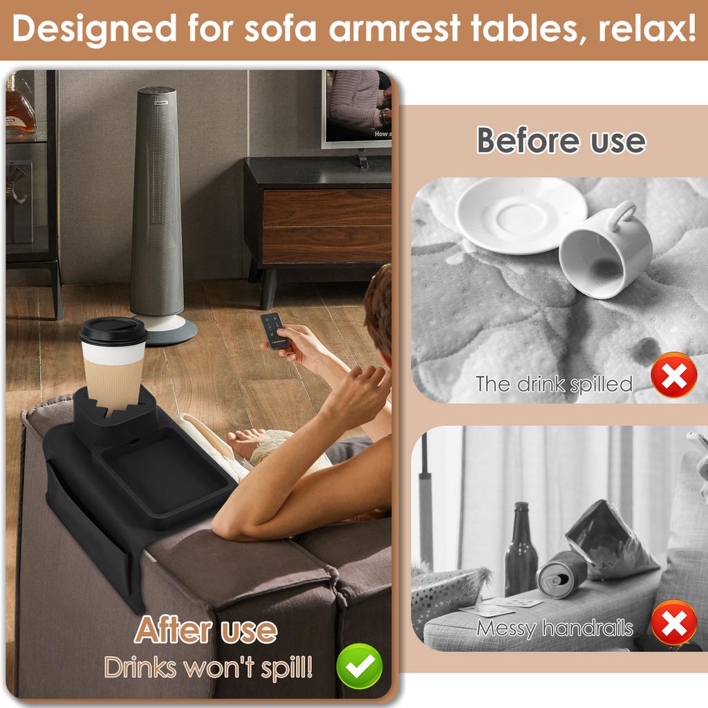Couch Cup Holder - Anti-Slip Sofa Armrest Tray with Dual Side Pockets - Silicone Anti-Spill Sofa Drink Holder Couch Arm Tray