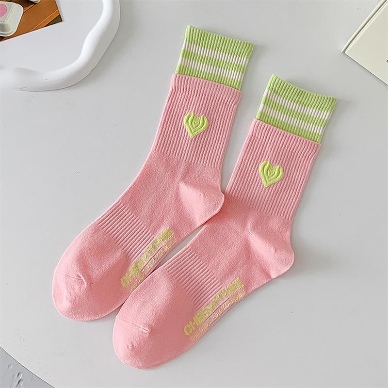 Sweet Style Double Love Socks Macaroon Color Love Heart Embroidered Cotton Sock Harajuku Striped Socks