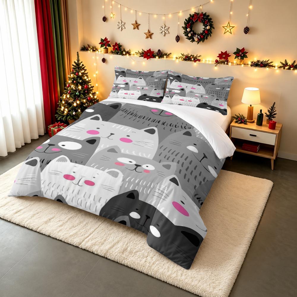 Cute Gray Cat Faces Monochrome Bedding set (1 duvet cover, 2 pillowcases, duvet not included), Pink Cheeks Cartoon Kitten Pattern Art Print