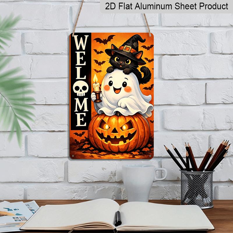 2D Flat, 1pc Halloween Welcome Cartoon Ghost Aluminum Sign, Front Door Welcome Plaque, Farmhouse Entry Wall, Halloween Party Backdrop, Cottage Porch