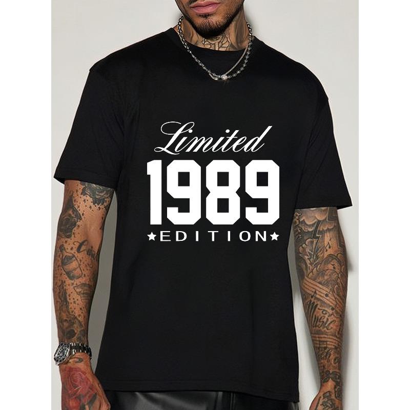 

European sizes 1pc Limited 1989 Edition Men S Casual T-Shirt, Crew Neck, Slight Stretch, Printed Pattern, Summer Fashion Top 4XL чорний