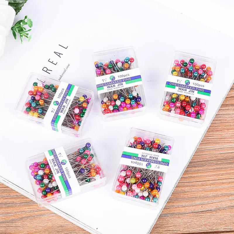 100Pcs/Box 38cm Colorful Round Pearl Head Needles Stitch Straight Push Sewing Pins For Dressmaking DIY Sewing Tools Positioning
