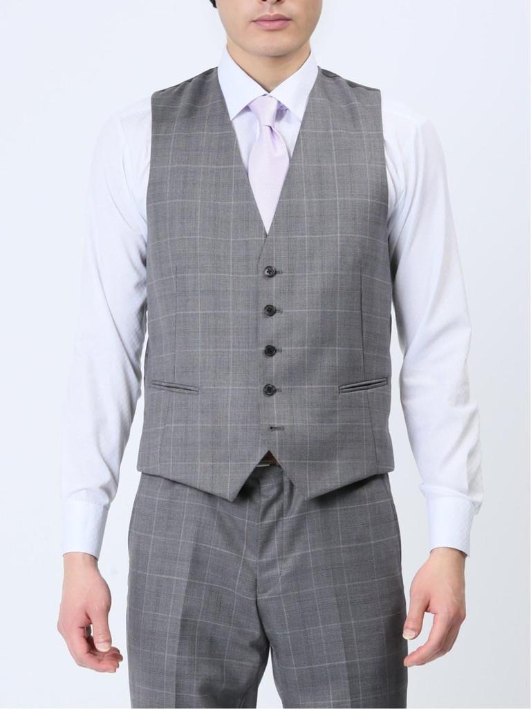 Takakyu Suit and Pants Shiny Wool Slim Windowpane Light Light 110011803133433030045 Men's Set, Blend, Fit, 2-Button, 3-Piece Suit, Gray, Gray,