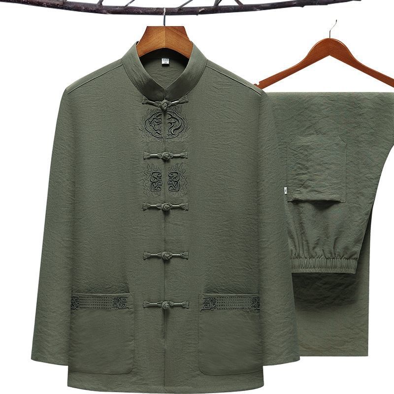 

Большой размер мужской костюм кунг-фу вышитый костюм Тан весна осень 2 шт рубашка и брюки китайская традиционная одежда тайцзи 3XL 4XL 5XL 5XL