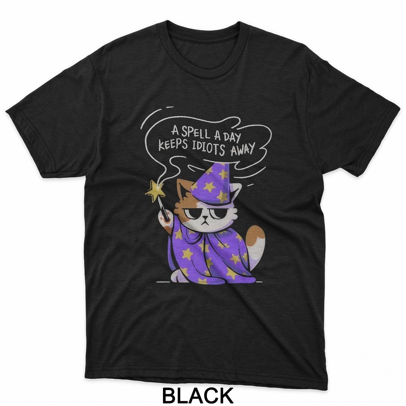 A Spell a Day Keeps Idiots Away Antisocial Cat T-Shirt M