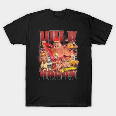 Men Black Print T-shirt Hulk Hogan Hulkamania No-Cut Heat Transfer Print Cotton Tshirt
