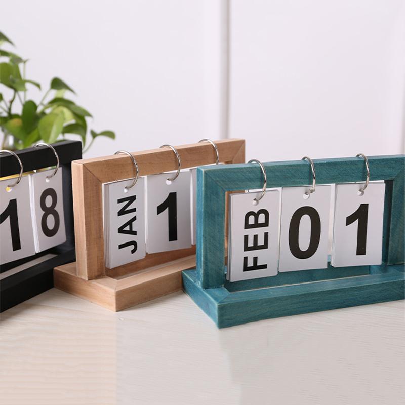 Wooden Perpetual Flip Calendar Simple Minimalist Design Desktop Ornament for Home Study Dorm Office Desk Decor