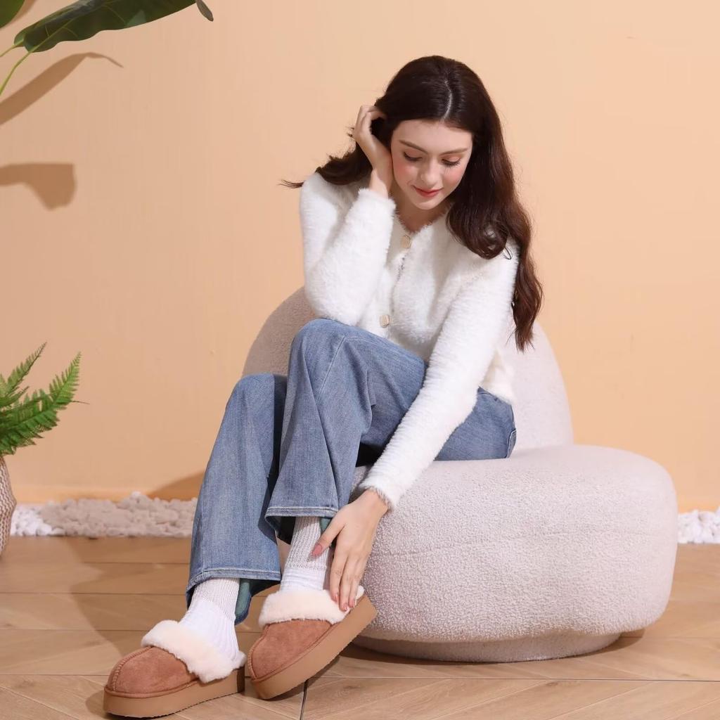 Модные женские платформенные пушистые тапочки Crestar, новые женские зимние домашние тапочки, толстая подошва, теплая пушистая обувь, комнатные уличные хлопковые туфли