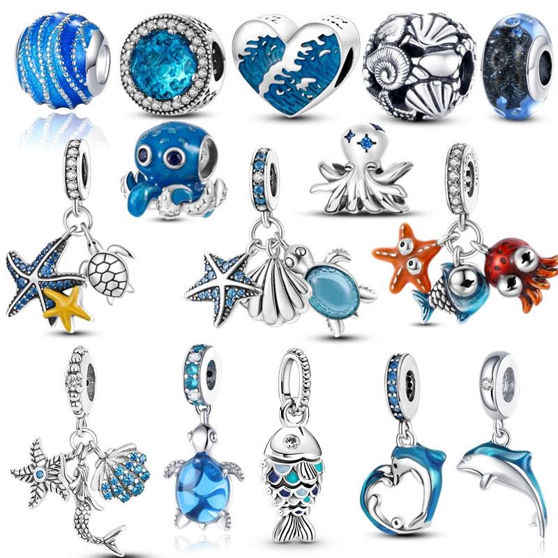 Copper Plated Dangle Charm Starfish Turtle Shell Dolphin Beads Fit Original Bracelet Summer Collection Jewelry