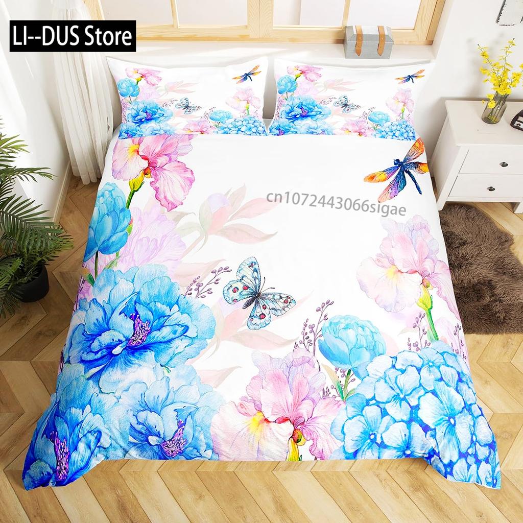 Aquarell Pastell Floral Bettwäsche Sets Vollgröße Bettbezug für Mädchen Frauen Libelle Deckenbezug Steppdeckenbezug Zimmerdeko