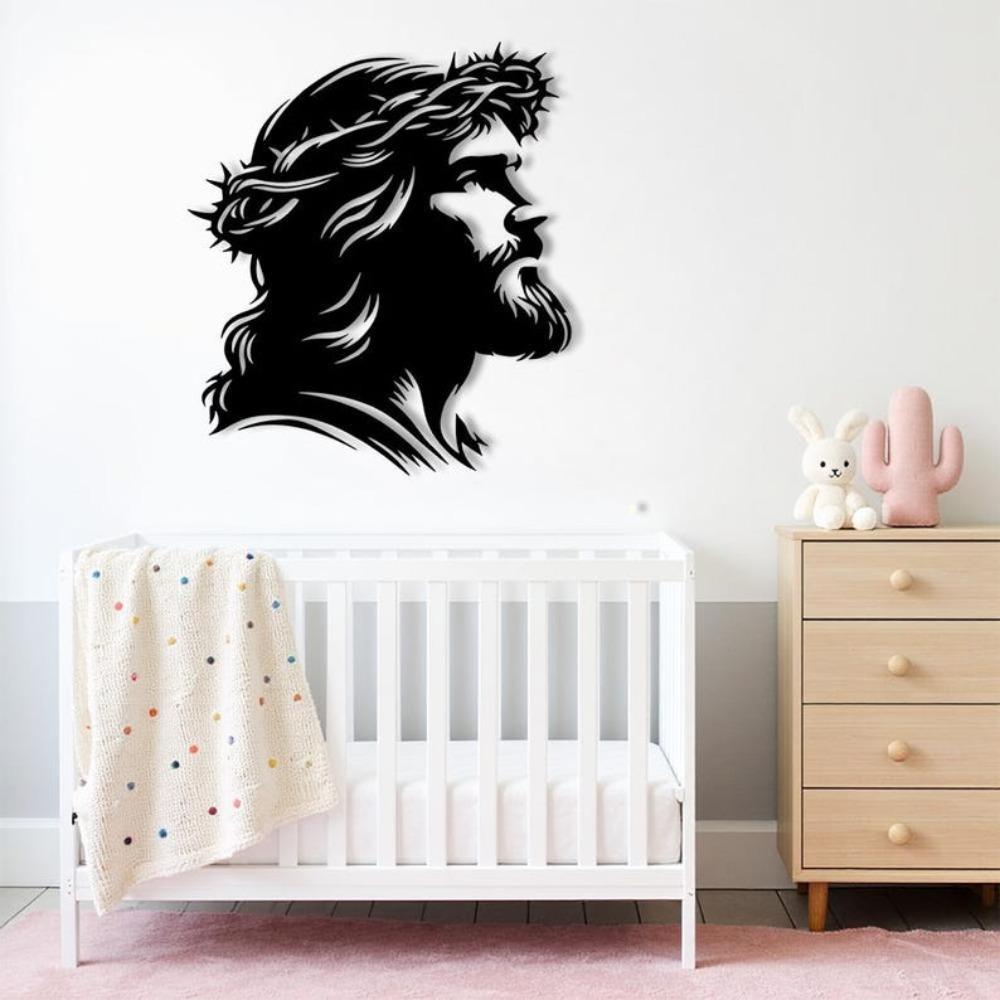 Silhouette Métallique Jésus Art Mural Décoration Chrétienne Religieuse avec Couronne d'Épines Croix Minimaliste Suspendue pour Salon Chambre à Coucher