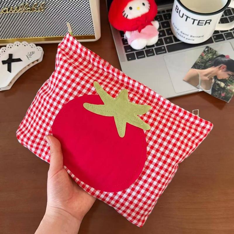 Woman Makeup Bag Cute Red Grid Tomato Toilet Bag Large Capacity Hand in Hand Bag for Traveling Simple and Versatile Makeup Storage Bag Clutch Bags