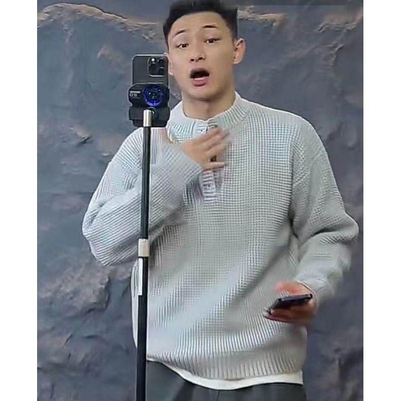 

Gtal Henry Collar Round Neck Old Money Style Sweater Men s Solid Color Long-Sleeve Knitwear Retro Casual High-End Sweater Gray S