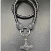 Stainless Steel Viking Wolf Head Doubles Color Thor S Hammer Pendant Leather Chain Men S Necklace Jewelry-50cm-style2 Gold