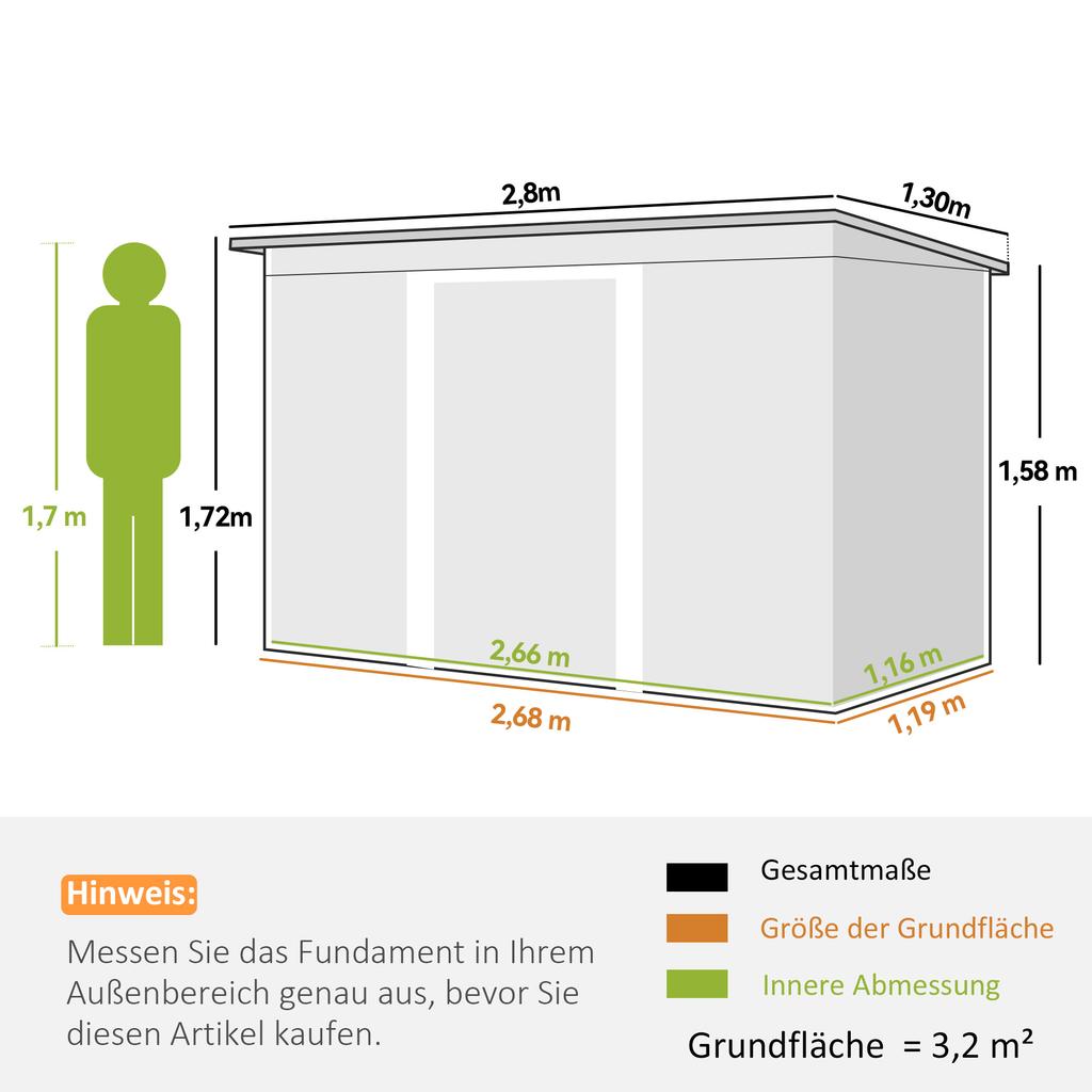 Metall-Werkzeughaus 6,3m³ 280x130x172cm Werkzeugschuppen mit Pultdach Schiebetür Wetterfestes Gartenhaus Outdoor Gartenhaus Schrank für Hinterhof Outdoor