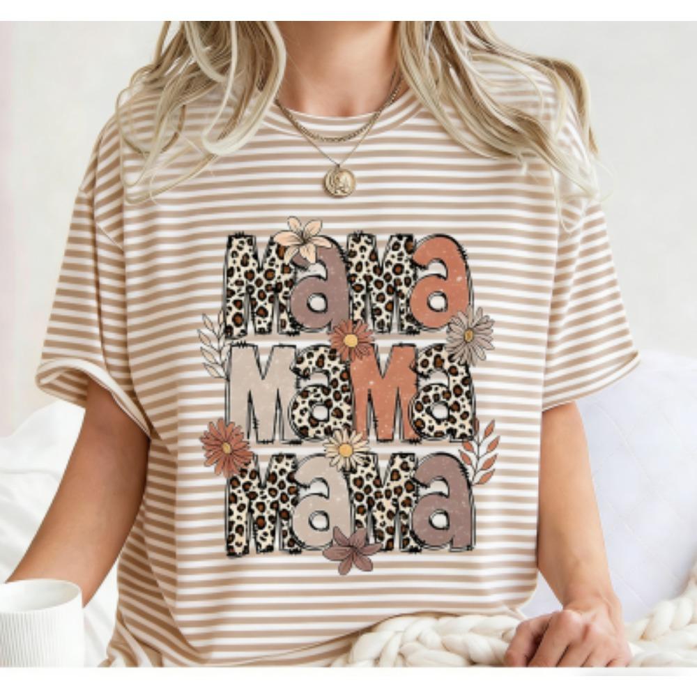 Funny Grid Stripe Leopard Mama Print Women's Short Sleeves T-Shirt Loose Casual Summer Outdoor Street Women's Tees Tops