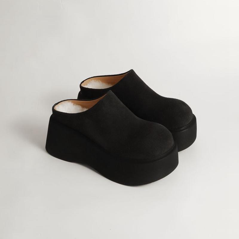 Fashion Women's New Leather Cow Suede Thick Soled Waterproof Platform High Heels, Warm Wool Boken Shoes, Shallow Mouth Mueller Shoes