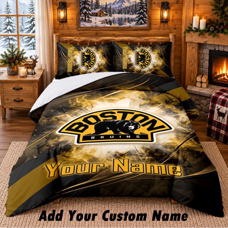 Boston Bruins Pattern Bedding 3Pcs Set Custom Name, Bed Sheet And Pillowcases For Home Bedroom