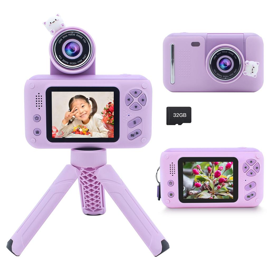 Yukicam Kids Camera with Compact Digital Camera for Gift for Video Camera with Rotating Ages Birthday Present for 32GB SD Card Purple Tripod, 2.4-inch