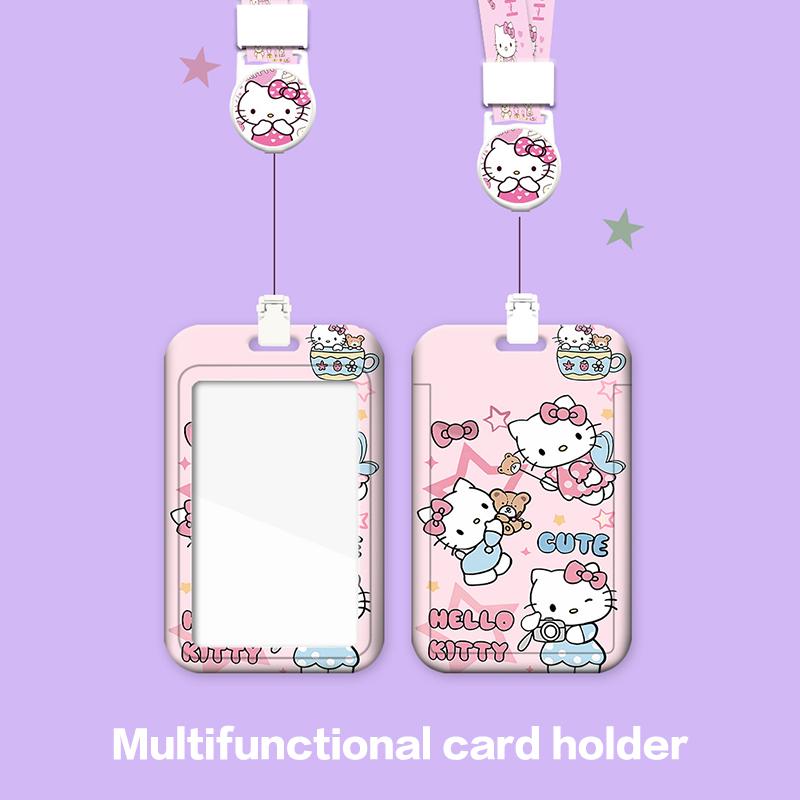 Kawaii Hello Kitty Photo Card Holder Sanrio Kt Cat Telescopic Easy-Pull Buckle Card Sleeves Pendant Meal Card Bus Card Cover